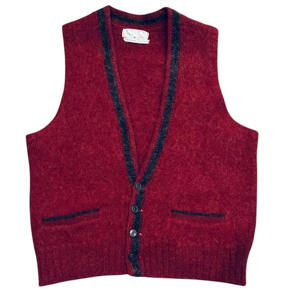 Vintage 50s Puritan Burgundy & Gray V Neck Cardigan Sweater Vest Wool Mohair S - Picture 1 of 4